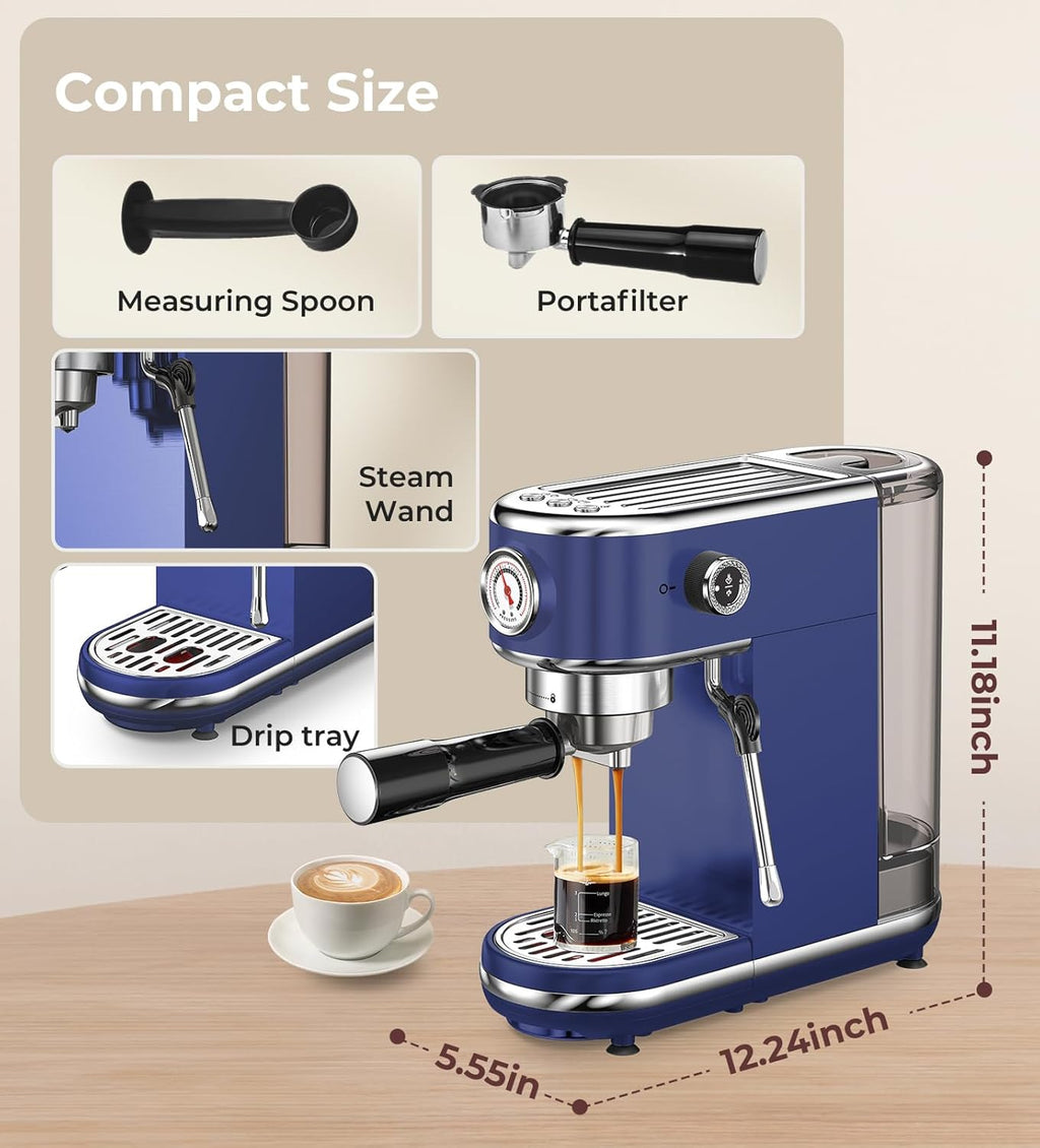 20 Bar Espresso Machine with Milk Frother, Compact Espresso Maker, Stainless Steel Coffee Machine with Precise Temp Control & 44oz Removable Water Tank for Latte, Cappuccino, Dark Blue