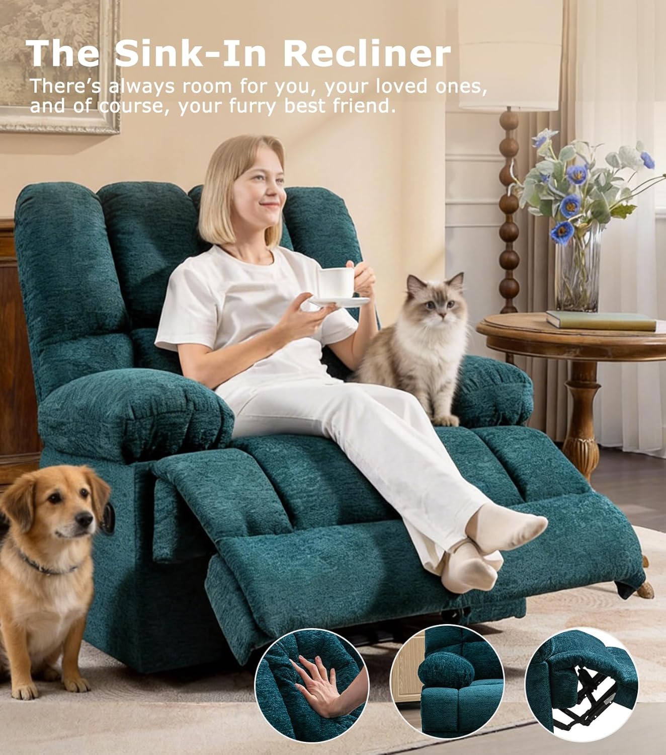 WILLOVE Oversized Rocker Recliner Chair Rocking Recliners Overstuffed Soft Big Man Manual Recliner Extra Large Living Room Chair 350 LBS Capacity, Teal, L