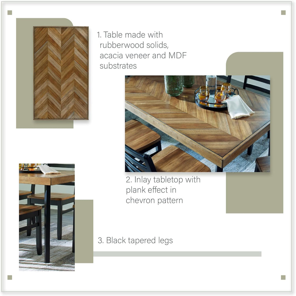 Signature Design by Ashley Blondon Rectangular Dining Room Table Set with 6 Chairs, Chevron Pattern, Tapered Legs, Seats 6, Wood, 60" Long, Brown & Black