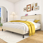 King Size Bed Frame,Upholstered Platform Bed Frame King Size with Vertical Channel Tufted Wingback Headboard/Charging Station/LED Light,Heavy Duty Metal Slats,No Box Spring Needed,Easy Assembly,Beige