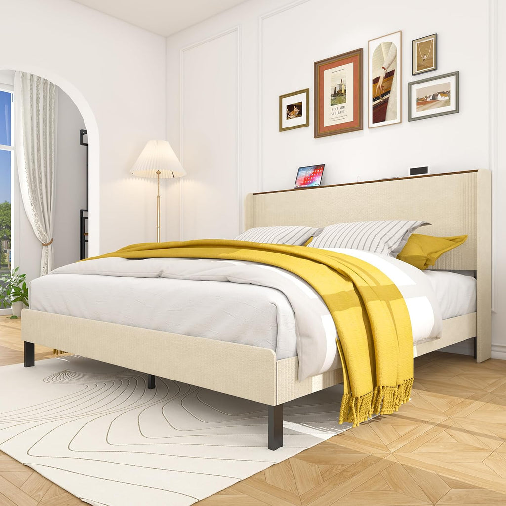 King Size Bed Frame,Upholstered Platform Bed Frame King Size with Vertical Channel Tufted Wingback Headboard/Charging Station/LED Light,Heavy Duty Metal Slats,No Box Spring Needed,Easy Assembly,Beige