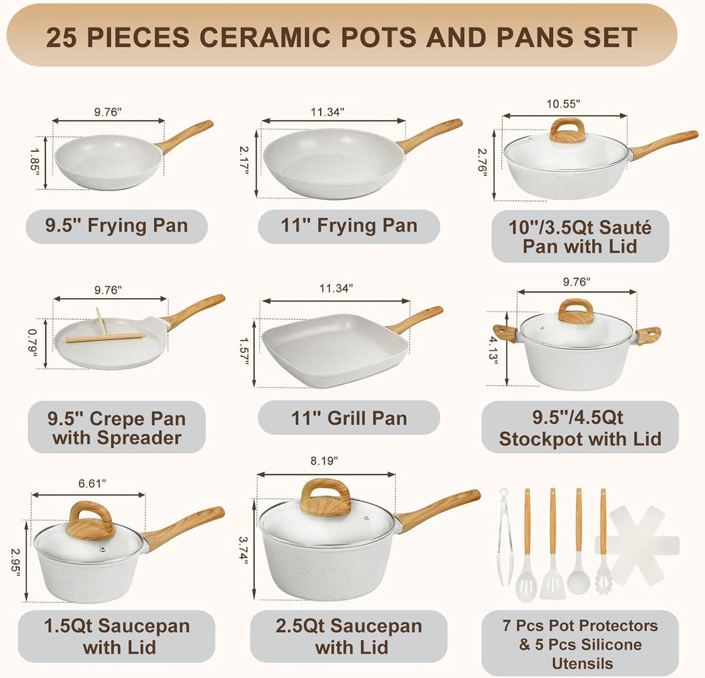 EWFEN Nonstick Pots and Pans Set, 25-Piece Ceramic Cookware Set, Induction Kitchen Cooking Set with Frying Pans Saucepans & Utensils, Healthy Non-toxic, PFAS/PTFE/PFOA Free, White