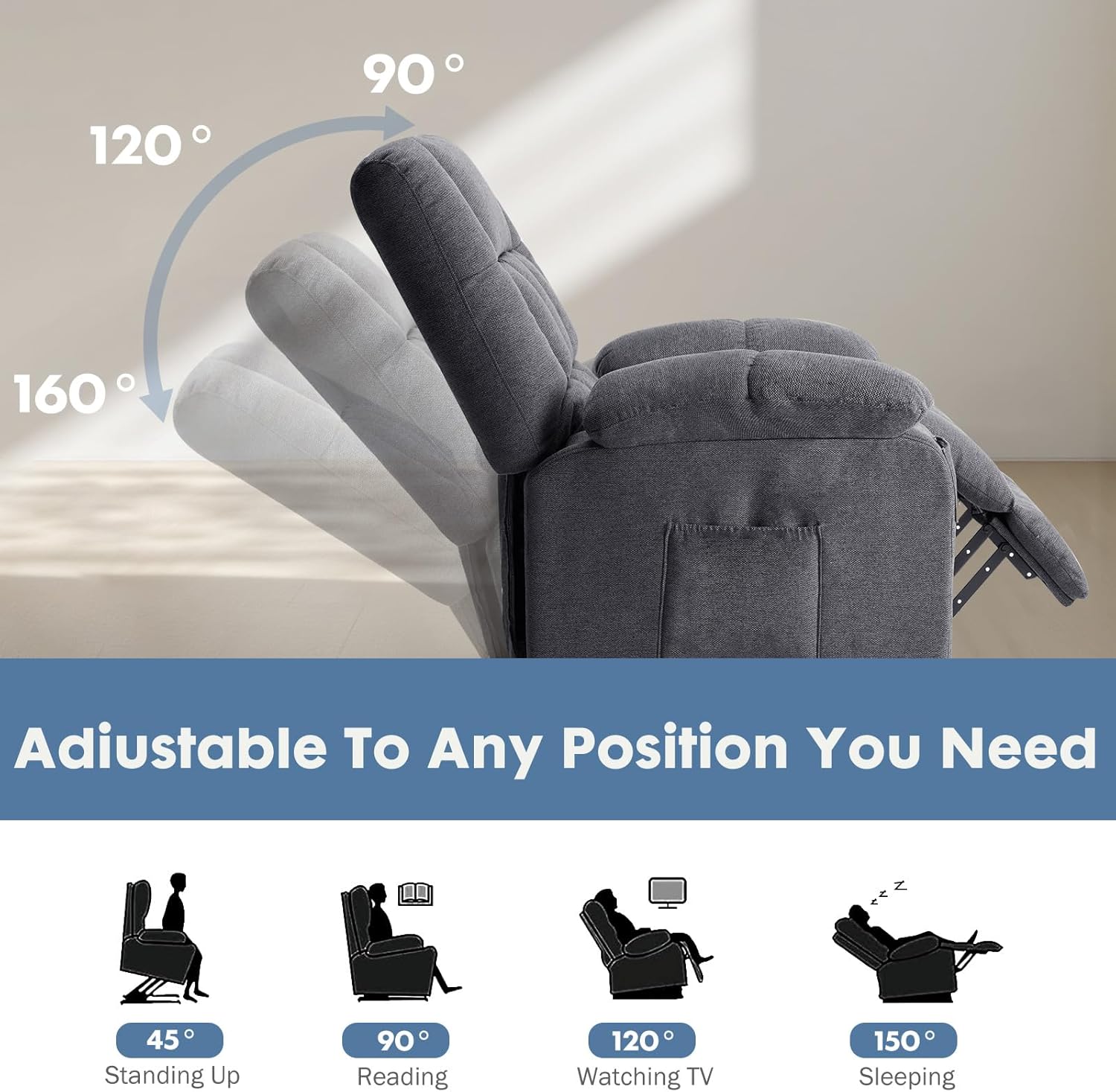 DUMOS Power Lift Recliner Chair with Vibration Massage and Heat for Elderly, Ergonomic Overstuffed Breathable Fabric Reclining Chair with 3 Pockets, Remote Control, Living Room, Bedroom, Grey