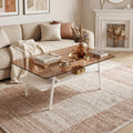 Casaphoria Rectangle Coffee Table, Modern Brown Tempered Glass Top Center Table with White Storage Shelf & Metal Legs, 2-Tier Living Room Furniture, 39 Inch, Easy Assembly