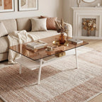 Casaphoria Rectangle Coffee Table, Modern Brown Tempered Glass Top Center Table with White Storage Shelf & Metal Legs, 2-Tier Living Room Furniture, 39 Inch, Easy Assembly