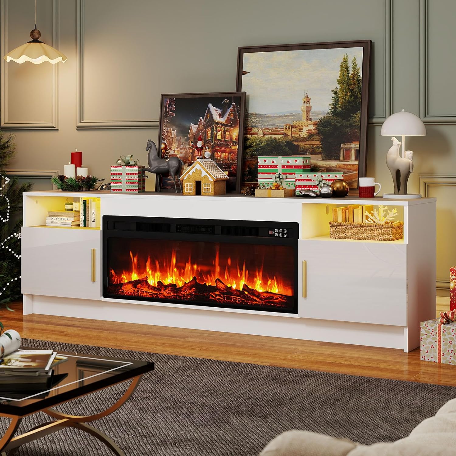 BREEZEHEAT TV Stand with Fireplace-Fireplace TV Stand for 75+ inch TV, LED Entertainment Center for Living Room w/ 36" Fireplace Inserts, TV Console with Cabinet, White