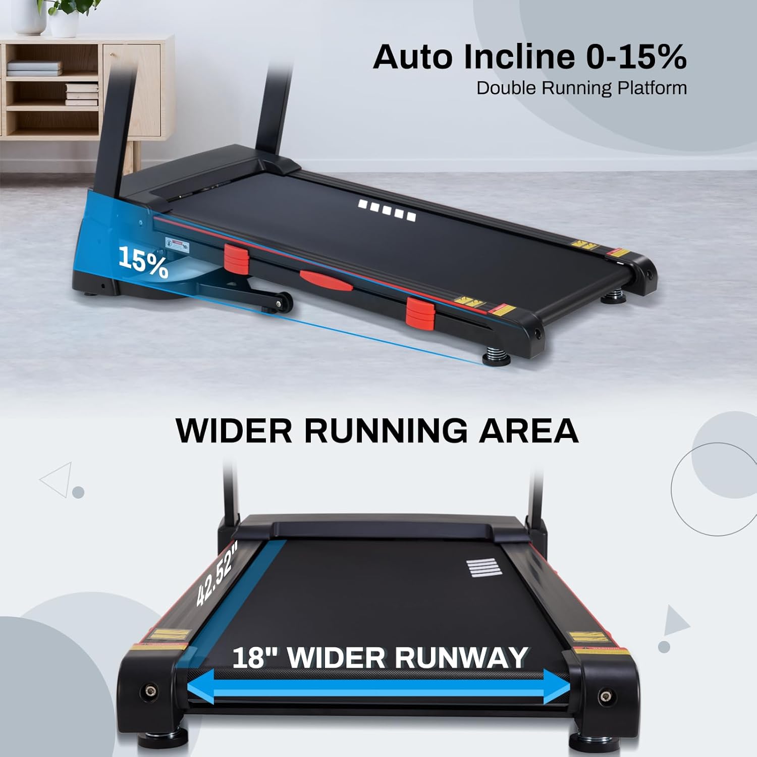 ATEEDGE Treadmills for Home, 15% Auto Incline, 0.5-10 MPH, 18" Belt, 3 HP, 350lb Capacity, Foldable, Bluetooth App