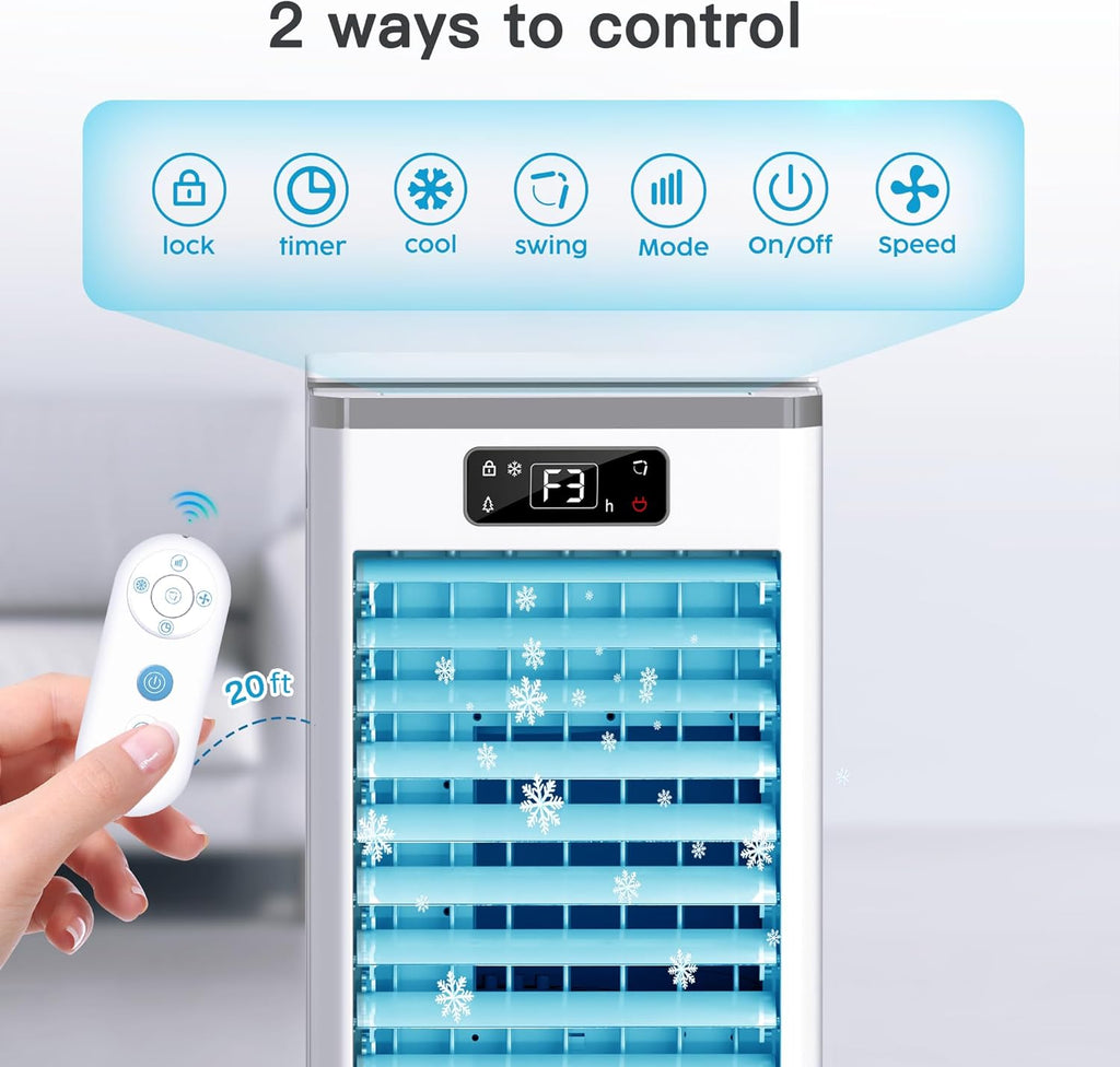 Evaporative Air Cooler, Windowless Portable Air Conditioners Fan w/3 Modes & 3 Speeds, 12H Timer for Smart Auto-off, 2-Gal Tank for 20H Cooling,16FT Remote,No Hose Needed,46db Swamp Cooler