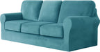7 Pieces Velvet High Stretch Sofa Covers for 3 Cushion Couch Sofa Slipcovers, Washable Furniture Protector with Drawstring Anti Slip Bottom, Soft and Plush Fabric for Kids and Pet (Blue)