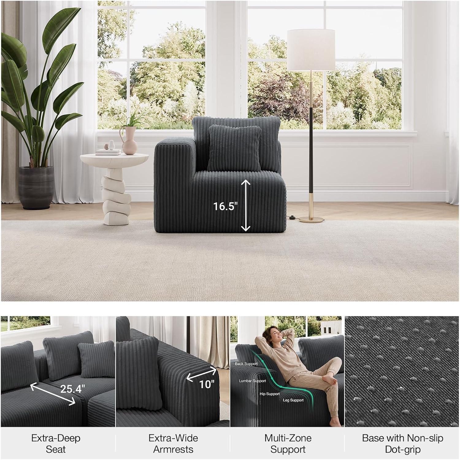 Novilla Modular Sectional Sofa, Modern Cloud Sectional Couch with Smarts Coil® Support, Upholstered Boneless Couch for Living Room Apartments Bedroom, No Assembly Required, Dark Gray (Armless Chair)
