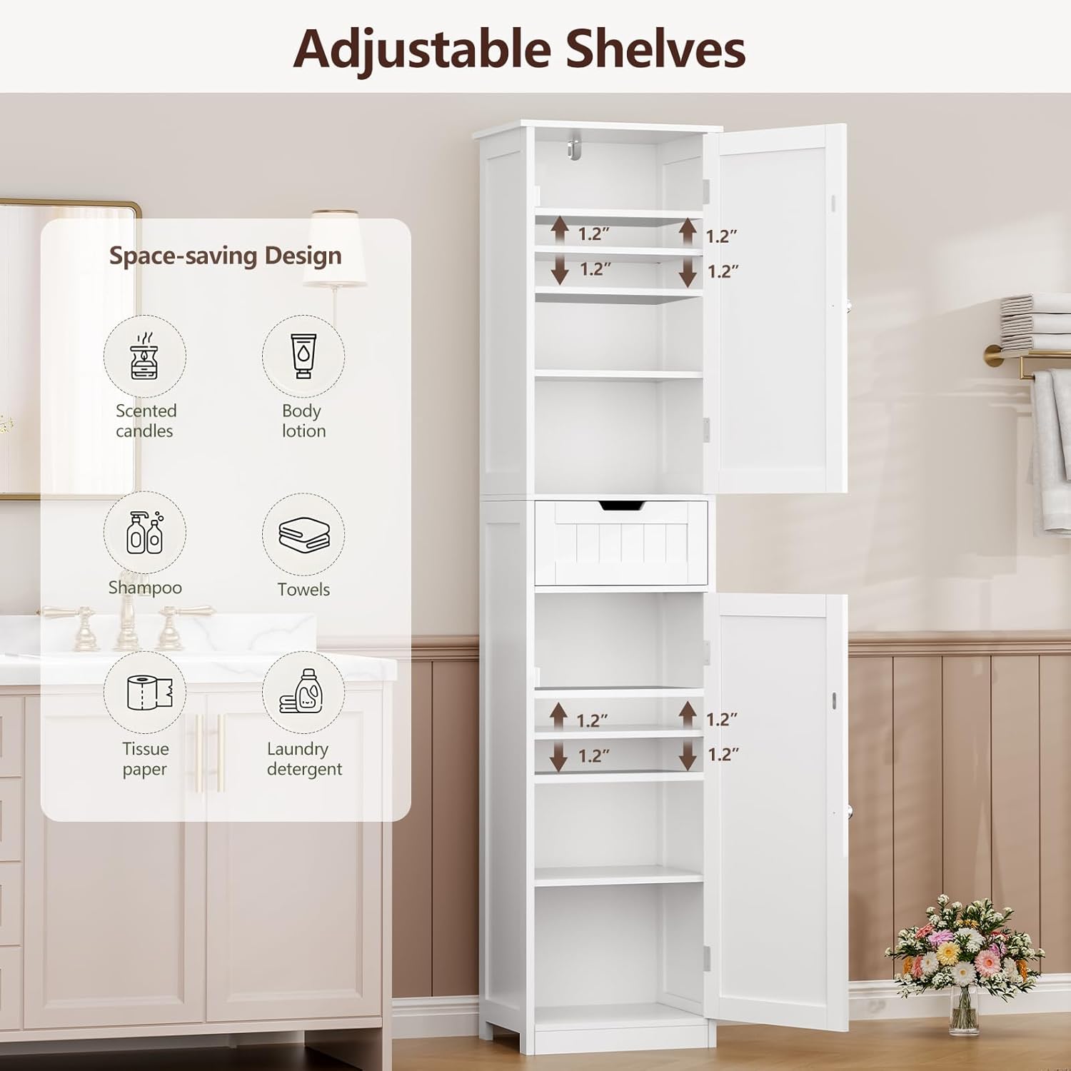Iwell 67" Tall Bathroom Cabinet, Storage Cabinet with 2 Doors & 1 Drawer, Bathroom Storage Cabinets with Adjustable Shelves, for Living Room, Entryway, Home Office, White