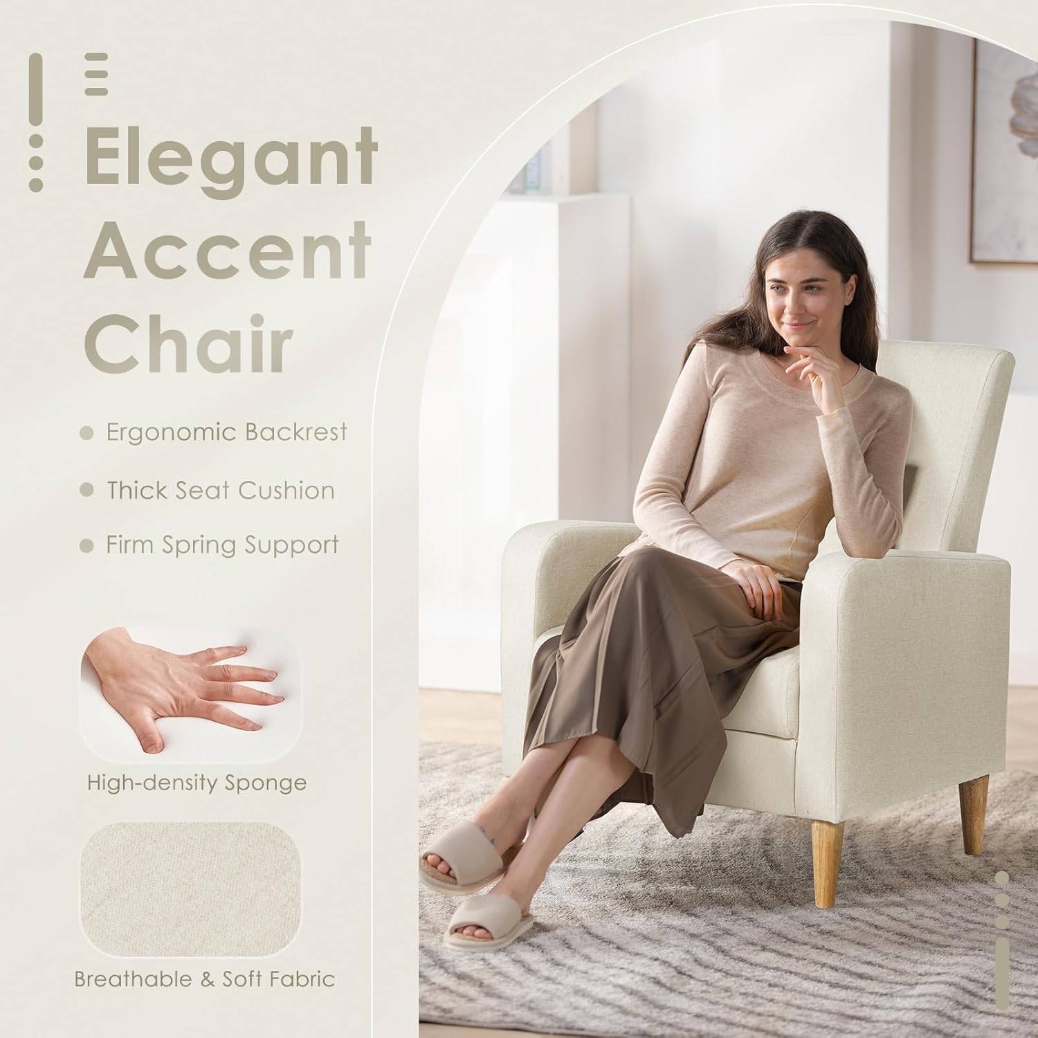 COLAMY Sherpa Upholstered Accent Chair Armchair with Pillow, Fabric Reading Living Room Side Chair,Single Sofa with Lounge Seat and Wood Legs, Cream