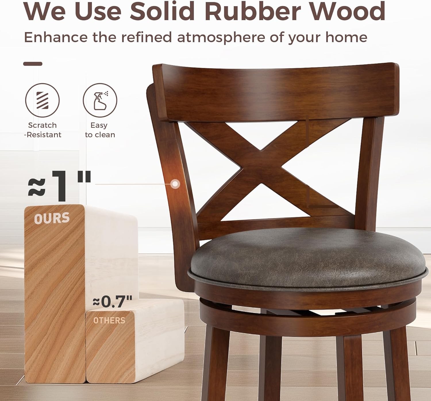 MAISON ARTS Swivel Bar Stools Set of 4, 30 Inch Bar Height Barstools with Backs, PU Leather Upholstered Seat Wood Bar Chairs with Wrap-Around Footrest for Kitchen Island, Pub, Walnut