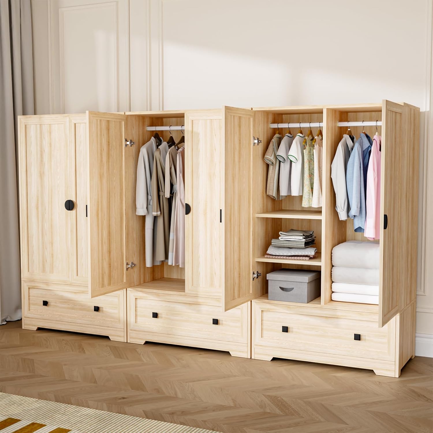 VINGLI Armoire Wardrobe Closet With Doors, Hanging Rod, Shelves and Drawer - Freestanding Cabinet for Bedroom, Dorm - Oak, 38" W x 21" D x 65" H