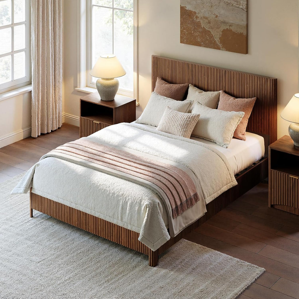 Evermagin Walnut Queen Bed Frame with Headboard, Mid Century Modern Fluted Platform Bed, Boho Wooden Bed Base No Box Spring Needed, Wavy Grooved Panel