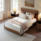 Evermagin Walnut Queen Bed Frame with Headboard, Mid Century Modern Fluted Platform Bed, Boho Wooden Bed Base No Box Spring Needed, Wavy Grooved Panel