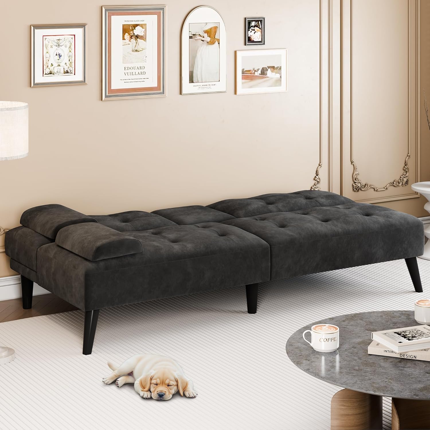 Meilocar 64" Futon Sofa Bed, 64" Convertible Loveseat with 2 Cup Holders, Small Couch with 3 Adjustable Angles & Removable Armrest, Sleeper Sofa for Apartment, 5.3 FT, Black