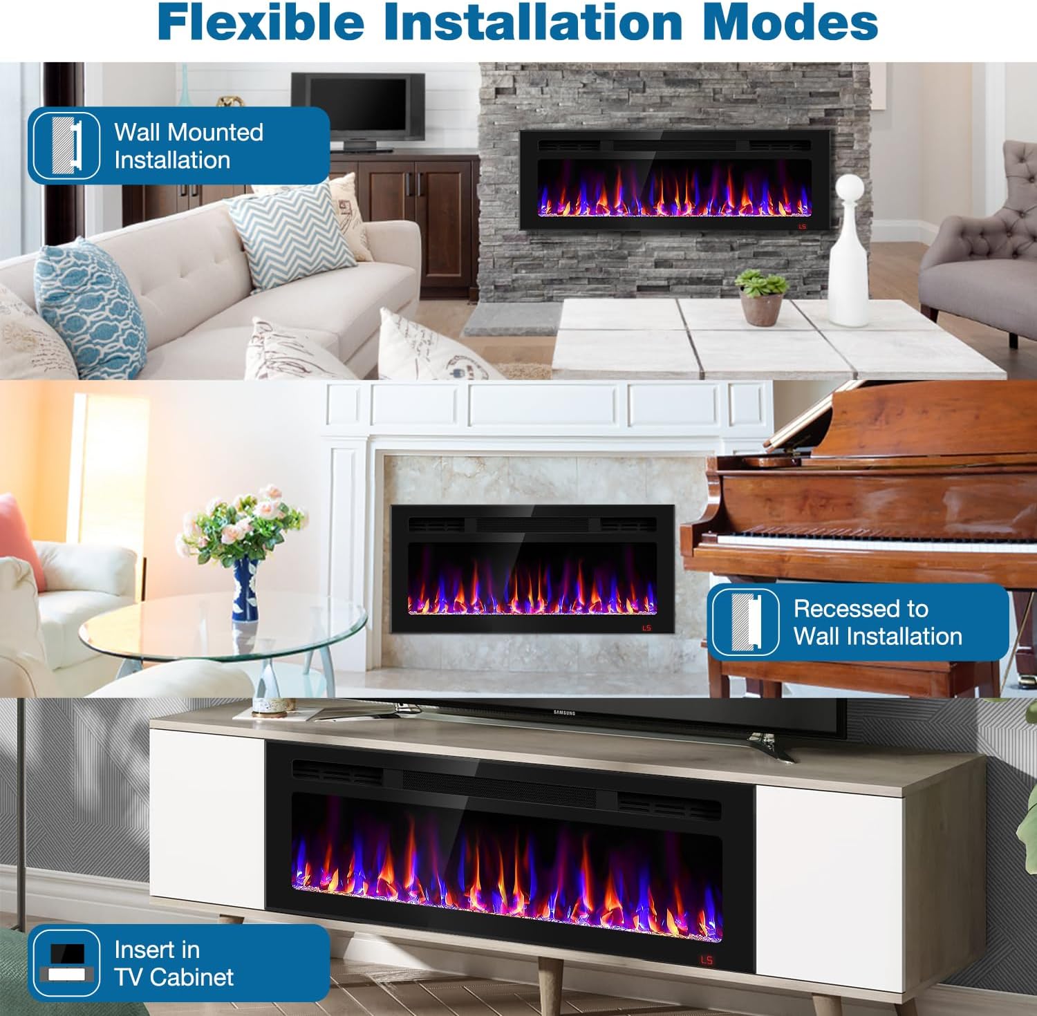 60 Inch Electric Fireplace Recessed and Wall Mounted, Fireplace Heater and Linear Fireplace, Ultra-Thin Electric Fireplace, Low Noise, with Timer, Remote Control, Adjustable 12 Flame Color, 750/1500W
