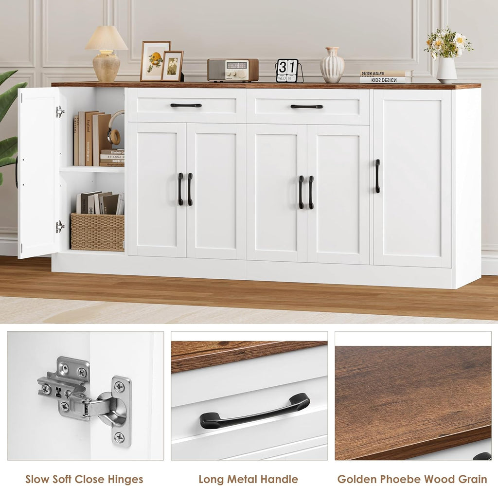 71” Large Buffet Cabinet with Storage, Sideboard Buffet Cabinet with Adjustable Shelves and 6 Soft-Close Doors, Wood Coffee Bar Console Table for Kitchen, Dining Room, White