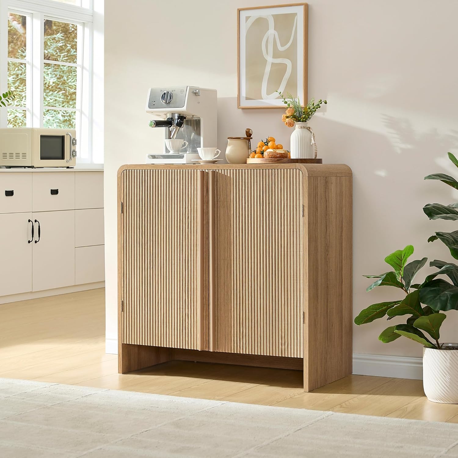 AMERLIFE Fluted Buffet Cabinet with Storage, Modern Sideboard Cabinet with 2 Doors & Adjustable Shelf, Console Table & Credenza for Living Room, Dining Room & Entryway, Natural Oak