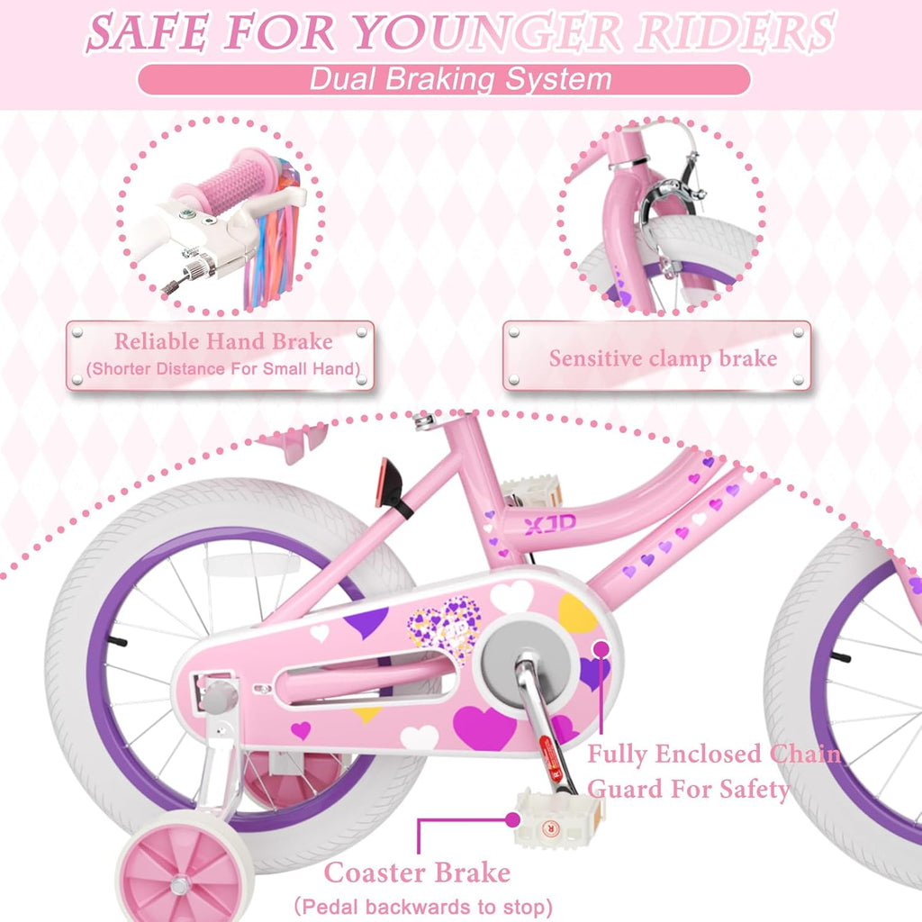 XJD Girls Bike for Toddlers 3-9 Years Old Kids, 12 14 16 Inch Kids Bike with Training Wheels, Streamers, Basket and Doll Seat