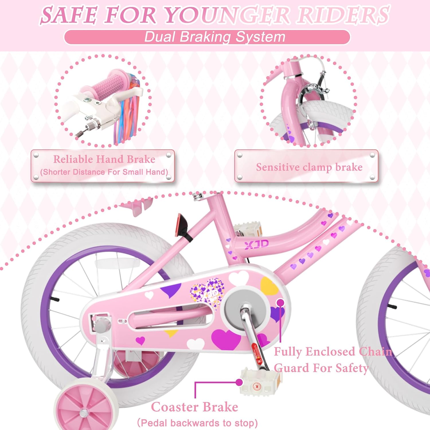 XJD Girls Bike for Toddlers 3-9 Years Old Kids, 12 14 16 Inch Kids Bike with Training Wheels, Streamers, Basket and Doll Seat