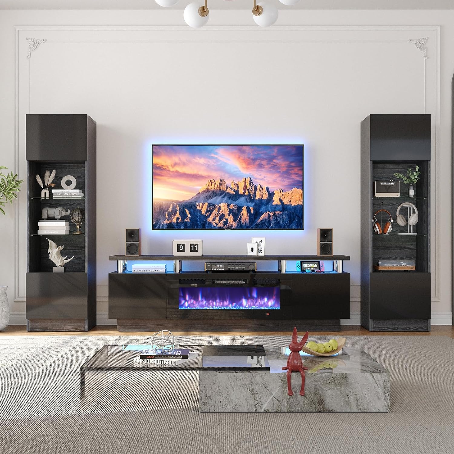 MXV 70" Fireplace TV Stand, Modern Entertainment Center & 36 Inch Electric Fireplace with Remote Control, LED Light, Fire Place Tv Stand for Living Room for TVs up to 80", Black + Black