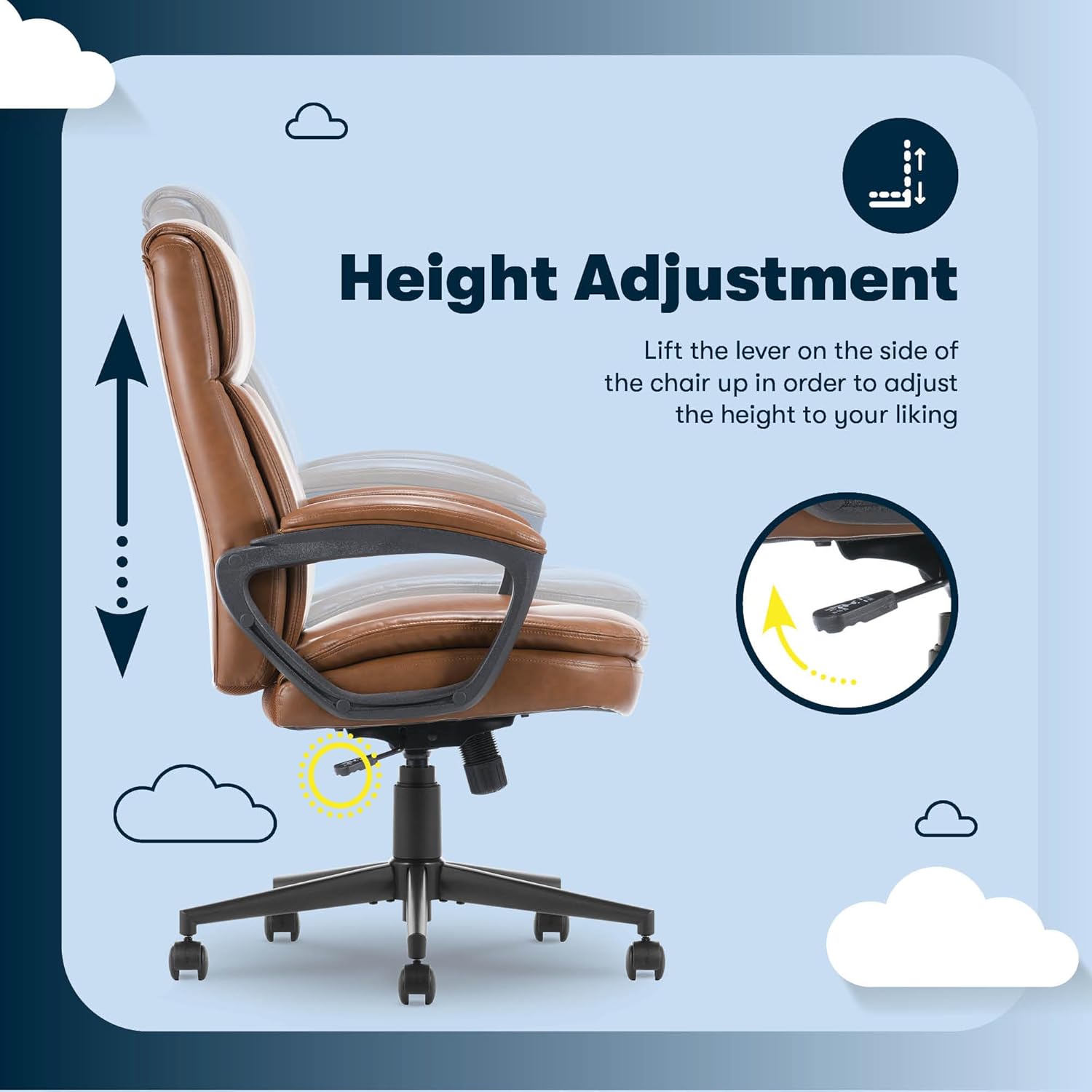 Serta Comfort Ergo Executive Office Chair, Ergonomic Mid-Back Design with Lumbar Support, Semi-Plush Double-Layer Seat Cushion, Padded Armrests, Swivel Metal Base, Bonded Leather, Cognac