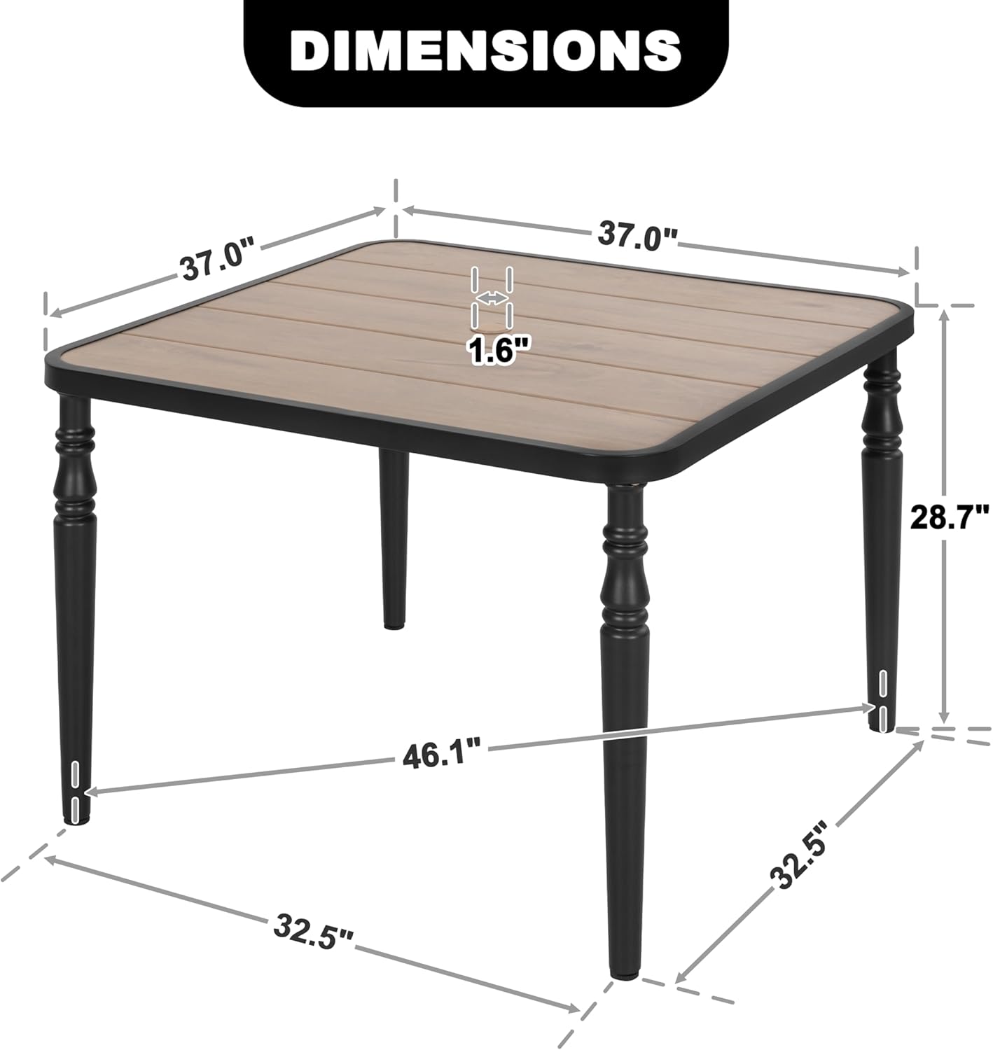 NUU GARDEN 37" Square Outdoor Dining Table, Metal Dining Table with Umbrella Hole, Wood-Grain Tabletop, Weather-Resistant for Garden, Backyard, Deck, Lawn