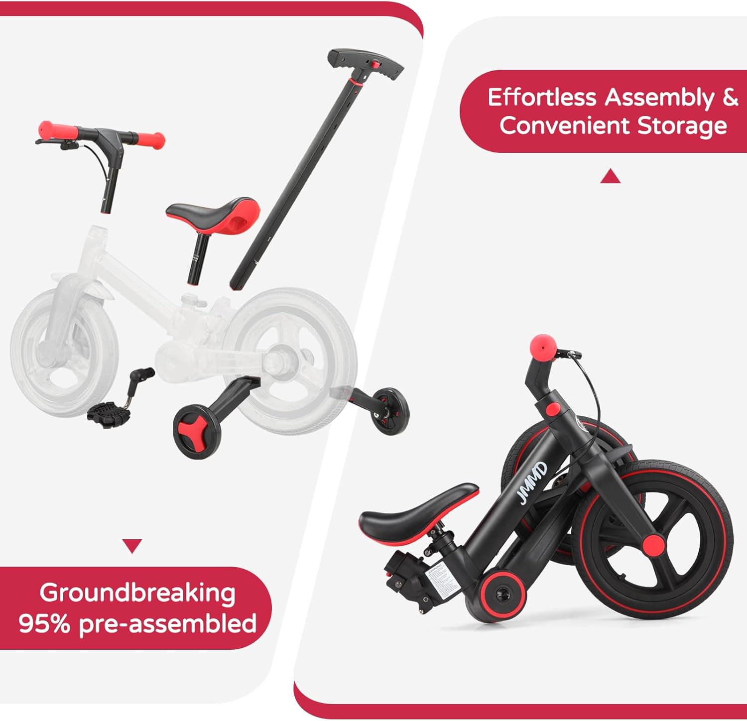 JMMD 6 in 1 Toddler Bike with Push Handle for Kids 18-60 Months, 12" Foldable Balance Bike with Training Wheels, Pedals, Brakes, Kickstand, Push Tricycle Toddler Gift & Toys for Boy & Girl