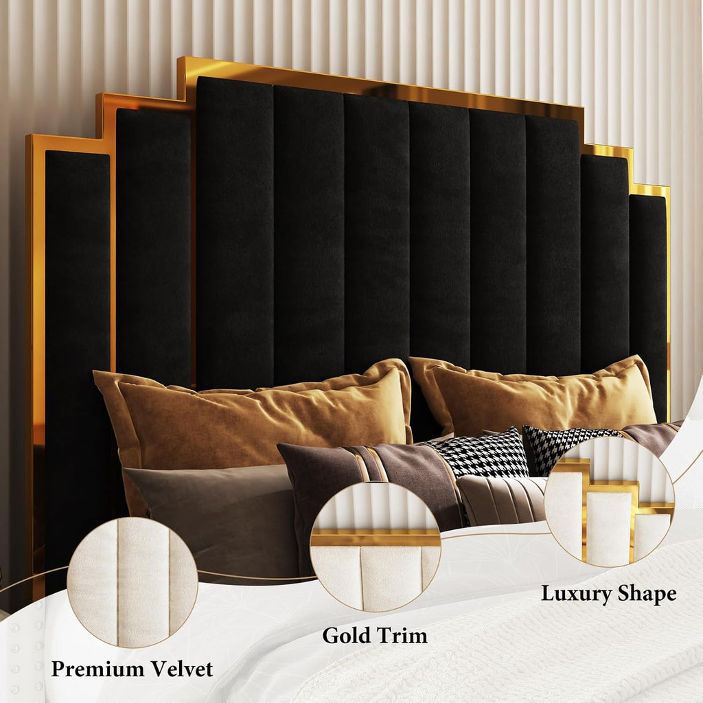 AMERLIFE King Size Upholstered Bed, Modern Velvet Bed Frame with 65.4” Tall Gold Trim Headboard, No Box Spring Needed, Black