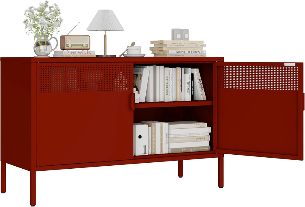 Metal Storage Cabinet with 2 Doors & Adjustable Shelves, 25" H Red Accent Cabinet, Metal Locker Storage Cabinets, Tv Stand Cabinet for Home, Office, Living Room, Entryway