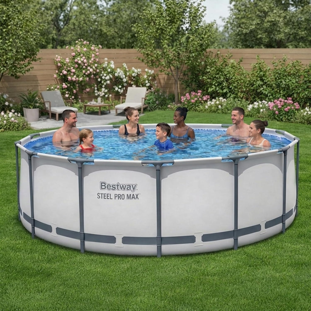Bestway Steel Pro MAX 14' x 48" Above Ground Pool  Round Metal Frame Outdoor Swimming Pool Set with Filter Pump  Ladder  and Cover  Gray