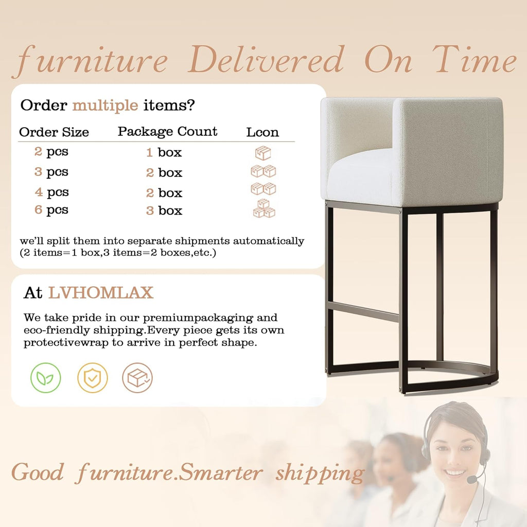 Modern Counter Height Bar Stools,Bar Stools Set of 3,Fabric Upholstered Barrel Barstools with Backs,26'' Kitchen Island Chairs,Metal Black Frames,Snowy White Linen