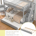Merax Twin Over Twin Bunk Bed with Trundle, Storage Staircase and Full Length Guardrail, Solid Wood Stairway Bunk Bed, No Spring Box Needed (Grey)