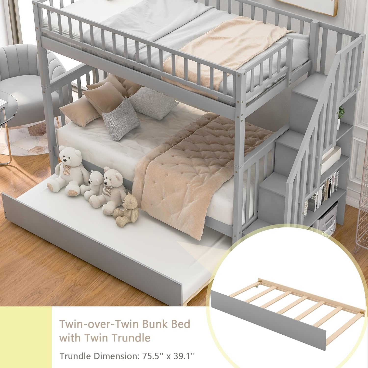 Merax Twin Over Twin Bunk Bed with Trundle, Storage Staircase and Full Length Guardrail, Solid Wood Stairway Bunk Bed, No Spring Box Needed (Grey)
