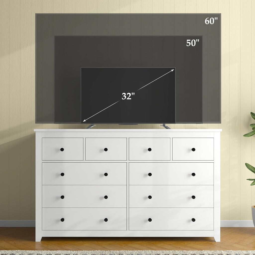 White Dresser for Bedroom with 10 Spacious Drawers Large Wood Dresser TV Stand for Bedroom Modern Chest of Drawers for Living Room Hallway Entryway, Smooth Slide, 15.7" D x 52" W x 36.5" H