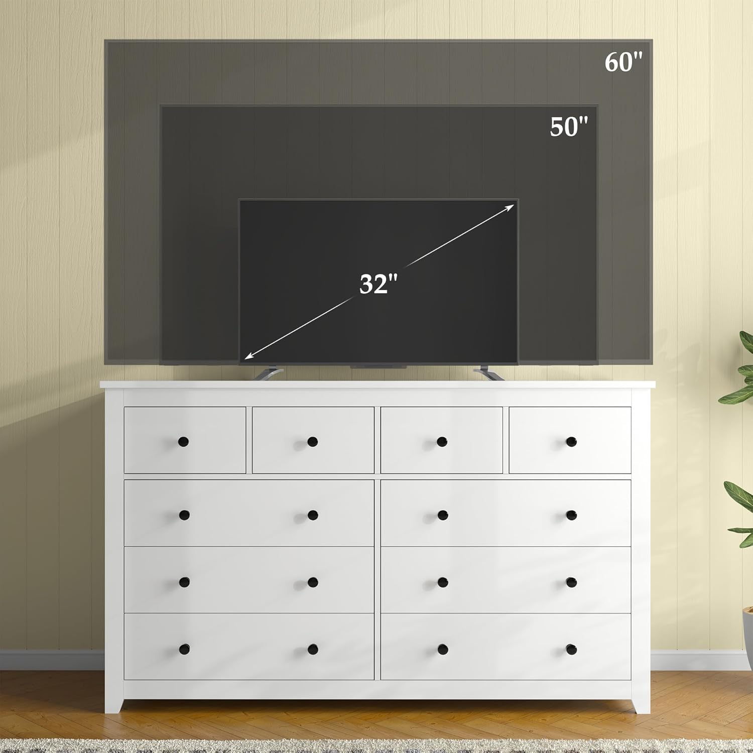 White Dresser for Bedroom with 10 Spacious Drawers Large Wood Dresser TV Stand for Bedroom Modern Chest of Drawers for Living Room Hallway Entryway, Smooth Slide, 15.7" D x 52" W x 36.5" H