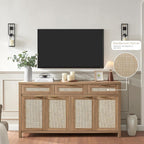 Rattan Sideboard Buffet Cabinet, Boho Storage Cabinet with Adjustable Shelves, Farmhouse Credenza Coffee Bar Cabinets with 4 Doors & 3 Drawers for Living Room, Hallway & Kitchen