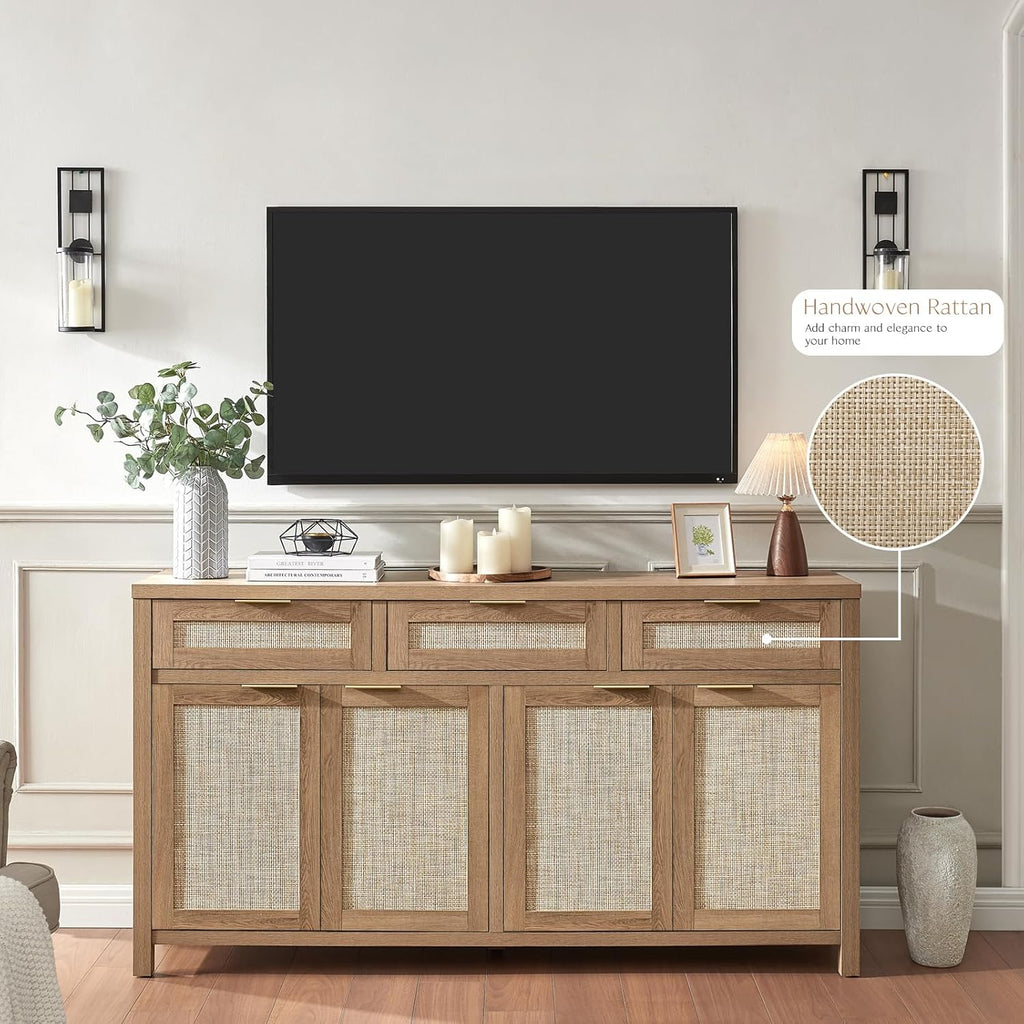 Rattan Sideboard Buffet Cabinet, Boho Storage Cabinet with Adjustable Shelves, Farmhouse Credenza Coffee Bar Cabinets with 4 Doors & 3 Drawers for Living Room, Hallway & Kitchen