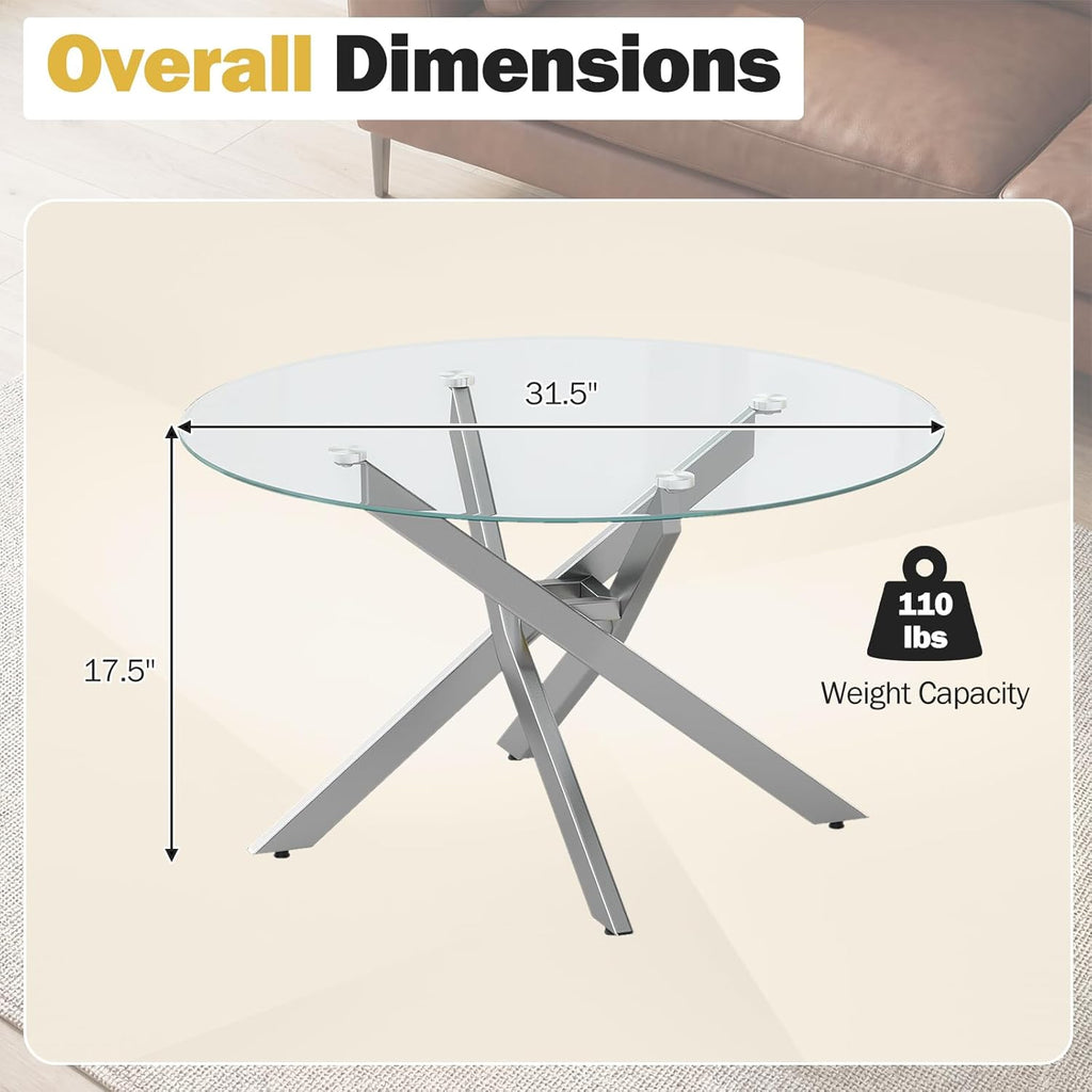 Giantex Round Glass Coffee Table, 31.5" Modern Center Table with Tempered Glass Top & Geometric Metal Frame, Clear Accent Cocktail Table, Small Coffee Table for Living Room, Small Spaces (Silver)
