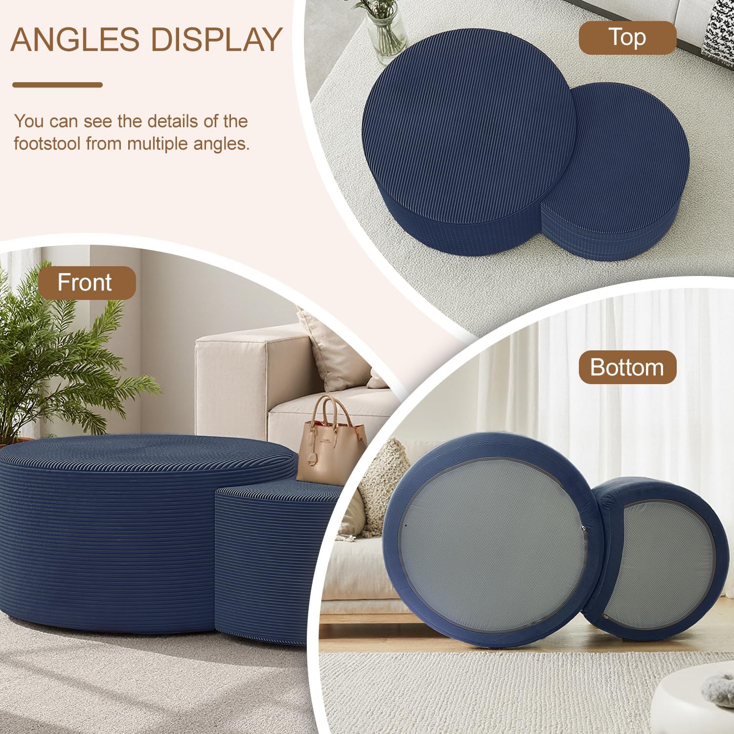 BSHOMGI Nesting Coffee Table Set of 2, Upholstered Round Corduroy Circle Foam Round Side Table for Living Room, Entryway Set, 32"+17" Footrest No Assembly (Blue, 32"+17")