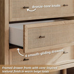 Signature Design by Ashley Cielden Coastal 6-Drawer Dresser, Bronze-Tone Knobs, Safety Stop, Textured Cane Details, 62.01" W x 19.65" D x 35.67" H, Light Brown