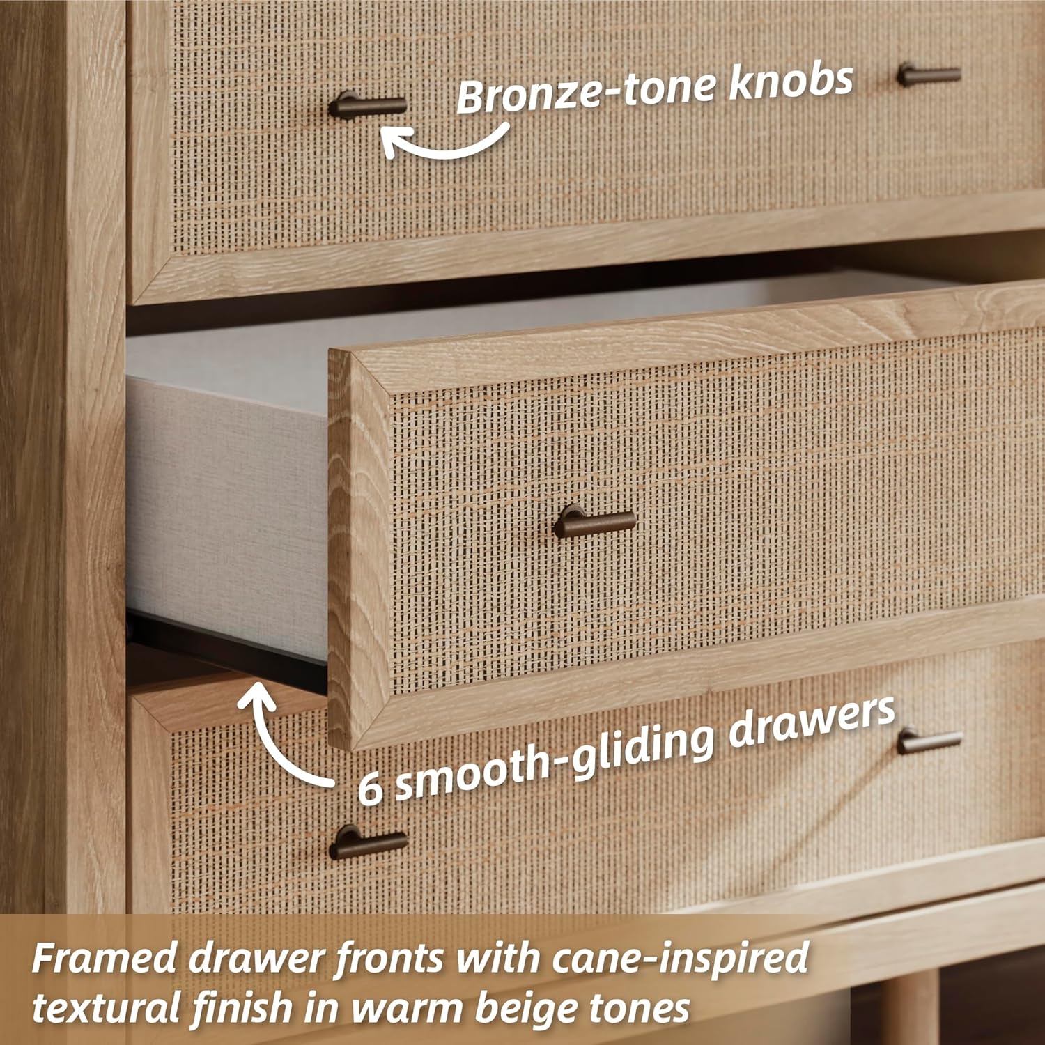 Signature Design by Ashley Cielden Coastal 6-Drawer Dresser, Bronze-Tone Knobs, Safety Stop, Textured Cane Details, 62.01" W x 19.65" D x 35.67" H, Light Brown