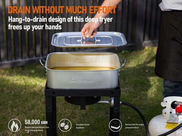 OuterMust 58,000 BTU Outdoor Fish Fryer with Baskets and Lid, 18 Qt. Propane Deep Fryer and 2 Inner Baskets, Ideal for Frying Fish, Chicken Wings, French Fries