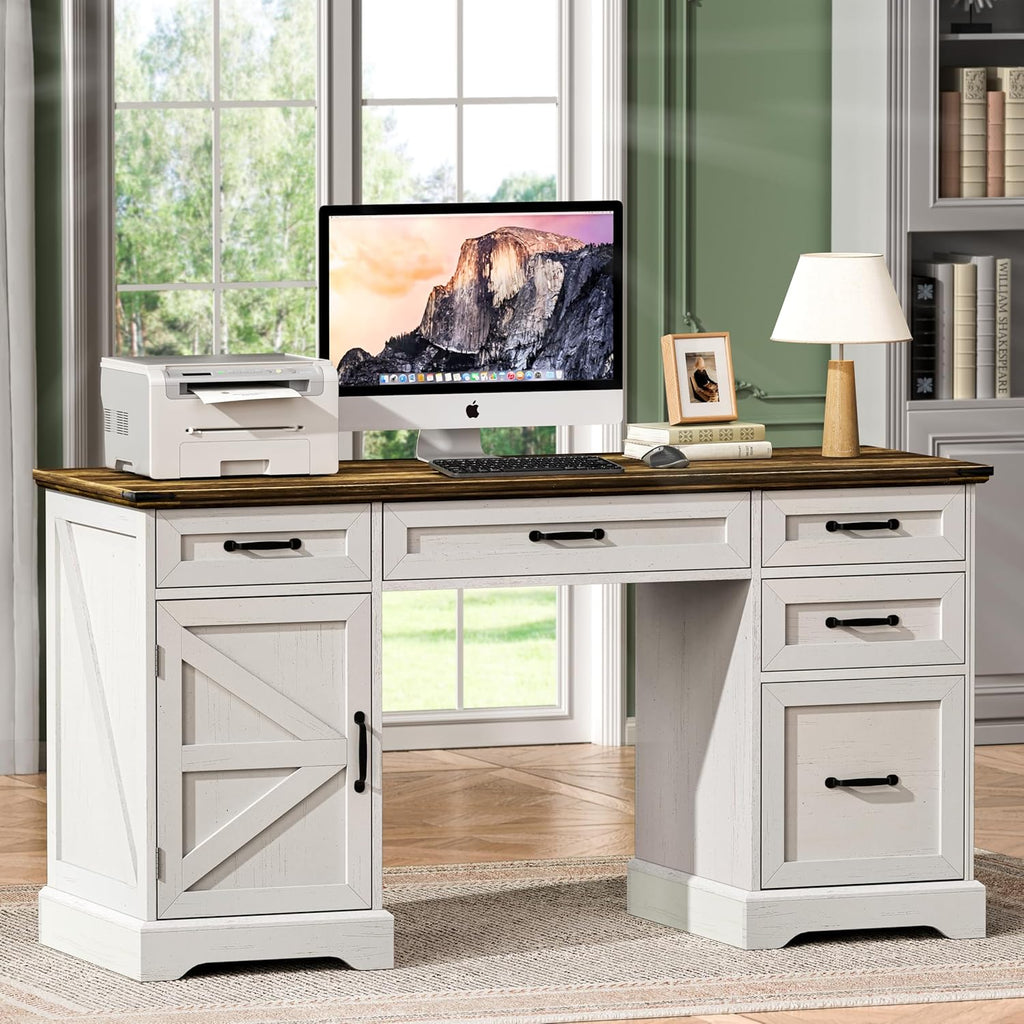 58" Farmhouse Executive Desk Modern Computer Desk with Drawers and File Cabinet Wooden Office Desk for Home Office Workspace with Storage for Working, Studying, Writing (Antique White)