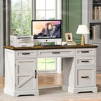 58" Farmhouse Executive Desk Modern Computer Desk with Drawers and File Cabinet Wooden Office Desk for Home Office Workspace with Storage for Working, Studying, Writing (Antique White)