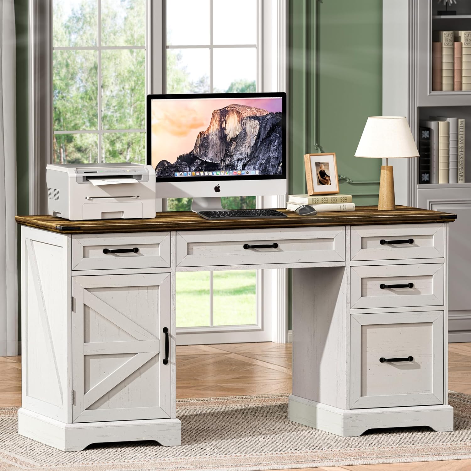 58" Farmhouse Executive Desk Modern Computer Desk with Drawers and File Cabinet Wooden Office Desk for Home Office Workspace with Storage for Working, Studying, Writing (Antique White)