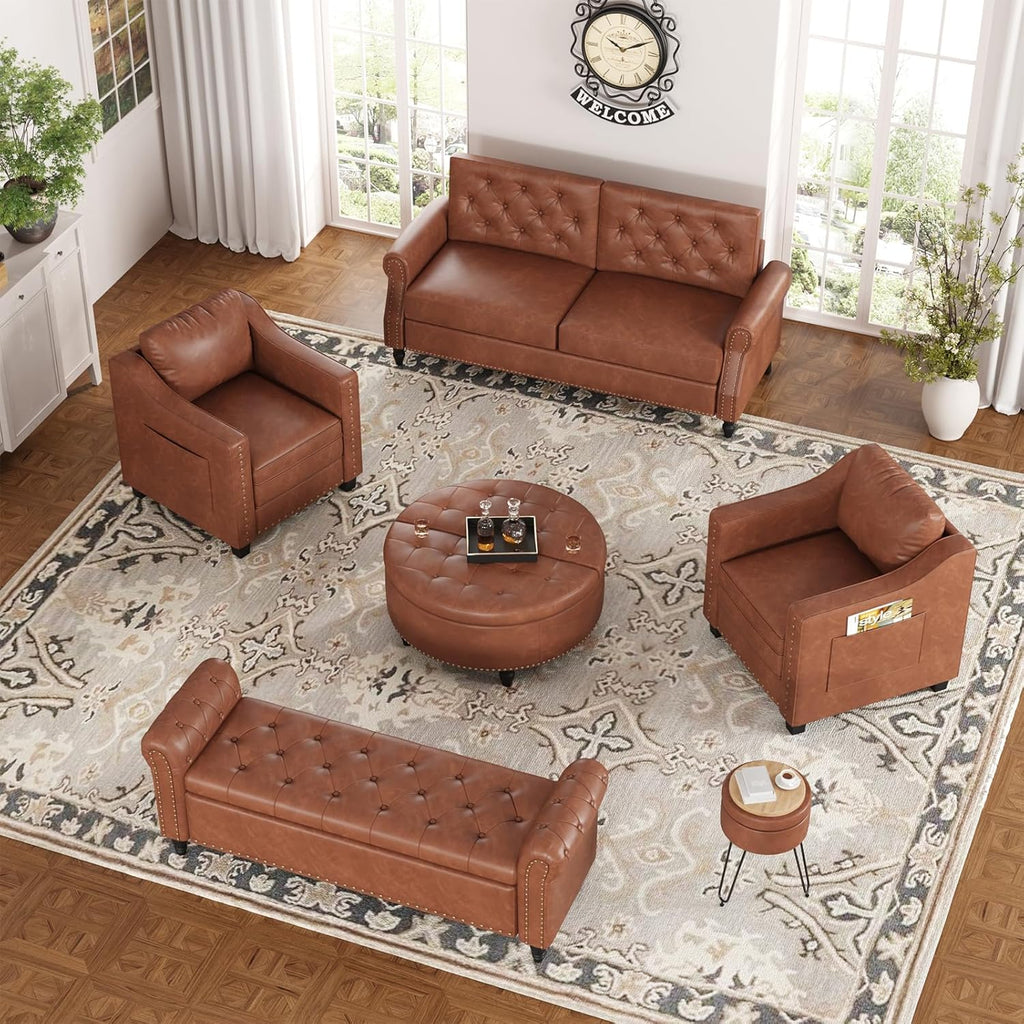 Mid Century Modern Accent Chair, 30 Inches PU Leather Armchairs, Barrel Chair Living Room Chairs Club Chair with Cushion Reading Chair for Bedroom, Apartment, Reading Room, Brown