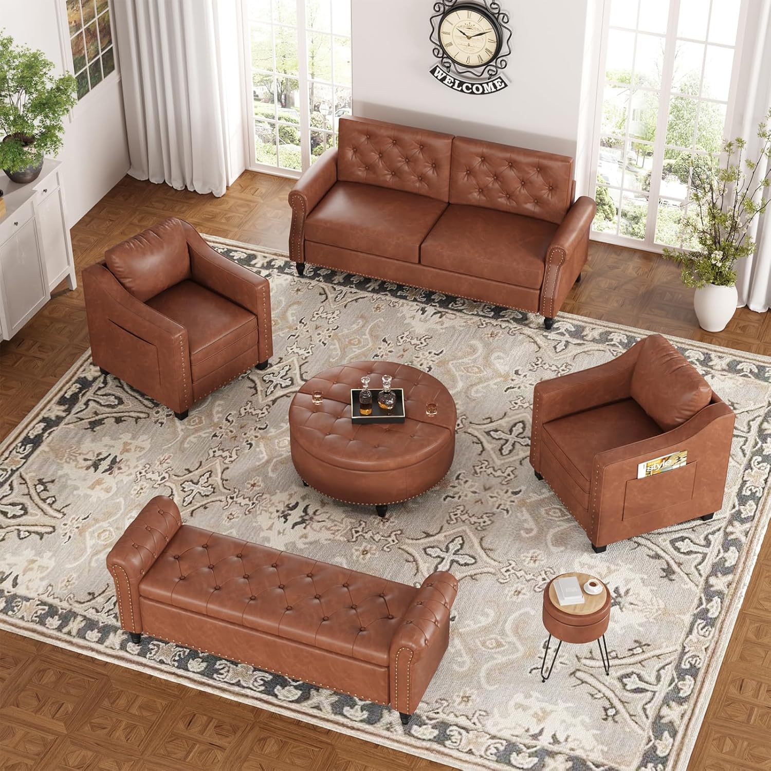 Mid Century Modern Accent Chair, 30 Inches PU Leather Armchairs, Barrel Chair Living Room Chairs Club Chair with Cushion Reading Chair for Bedroom, Apartment, Reading Room, Brown
